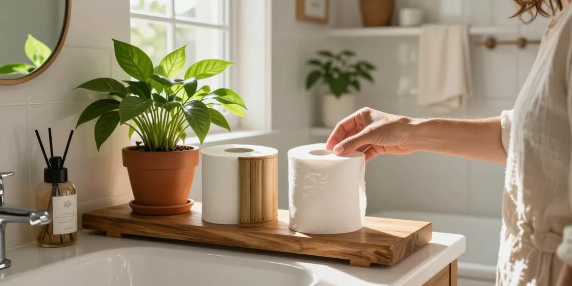 Bamboo Toilet Tissue displayed in an eco-friendly bathroom, emphasizing sustainability and natural decor.