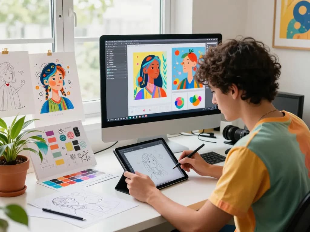 Artist using nano banana ai in a colorful workspace surrounded by sketches and vibrant decor