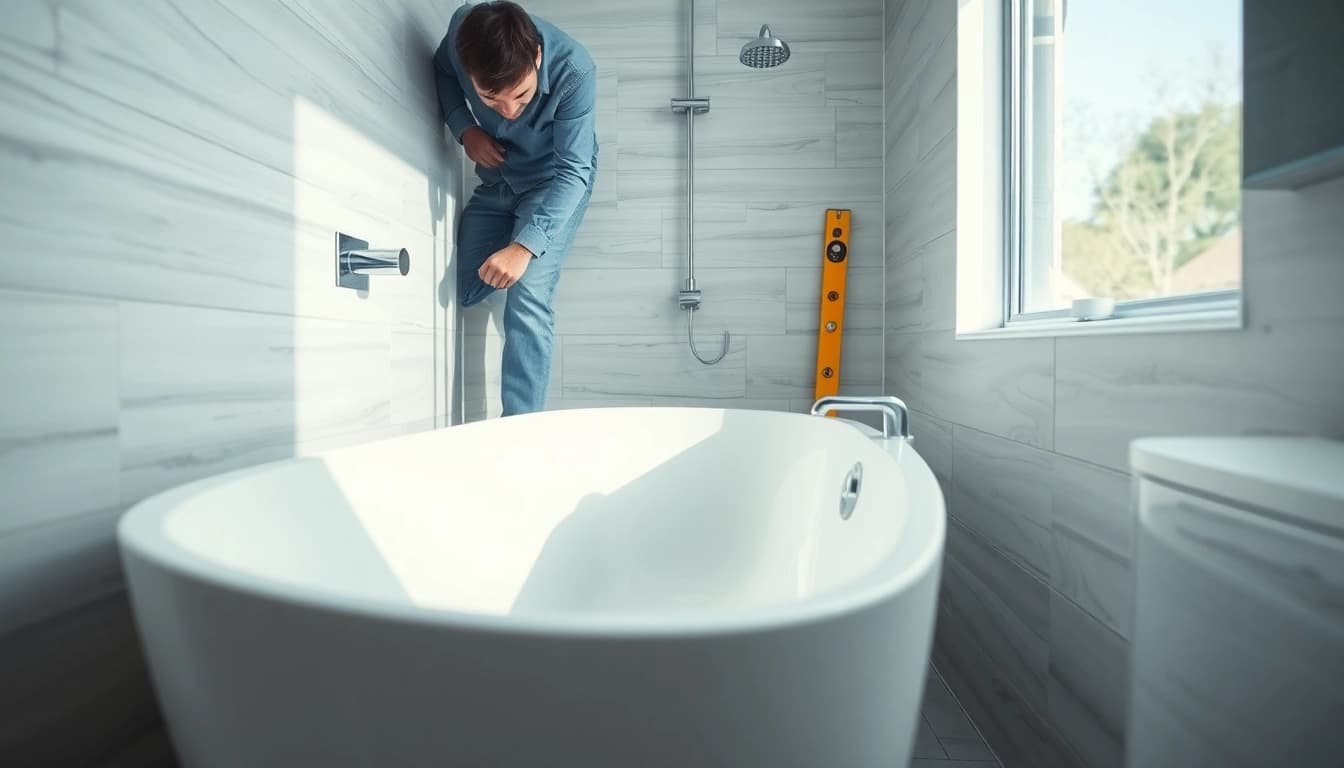 Craftsman performing bathroom installation manchester featuring modern fixtures and bright lighting.