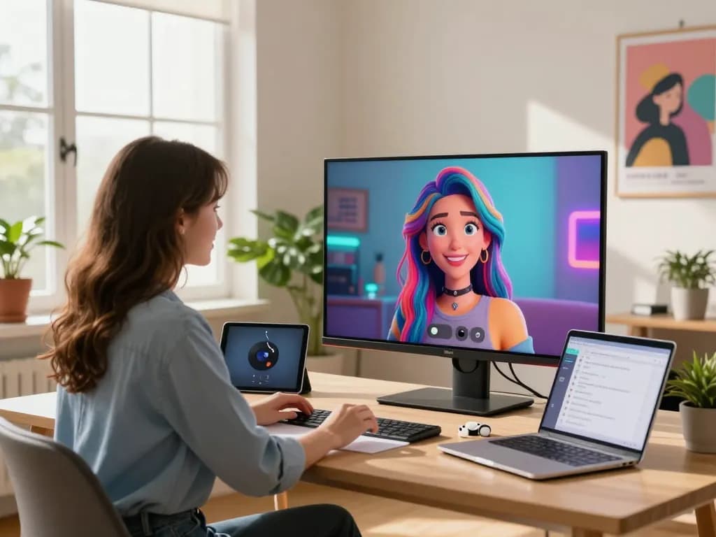 Engaging scene of a young woman chatting with her AI girlfriend avatar in a modern home office, showcasing technology and creativity.