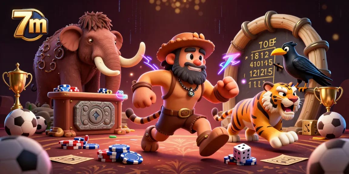 Engaging 7m sports betting scene with a caveman and sabertooth tiger at their prehistoric casino.