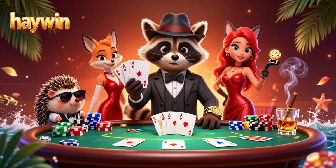 haywin Poker scene featuring suave raccoon holding a royal flush amidst vibrant casino elements