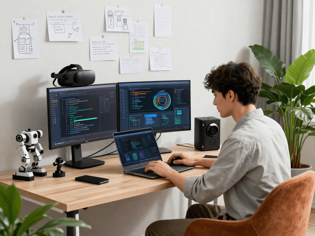 Discover the world of 18+ ai in a modern tech workspace with a young man designing AI models.