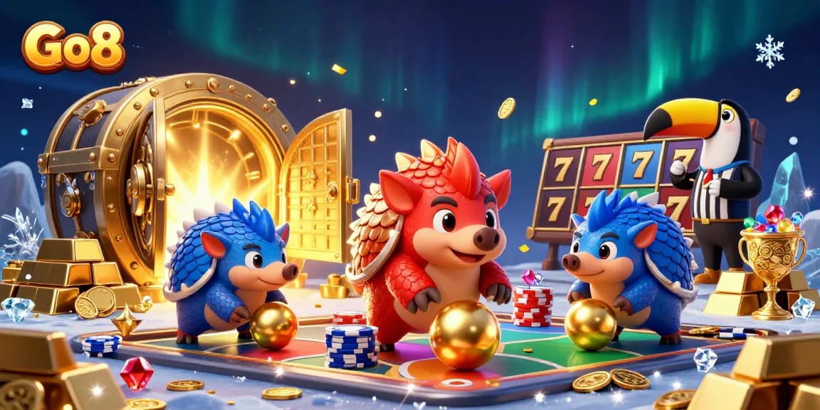 Go8 pangolins compete in a vibrant casino-themed scene with poker chips and jackpots.