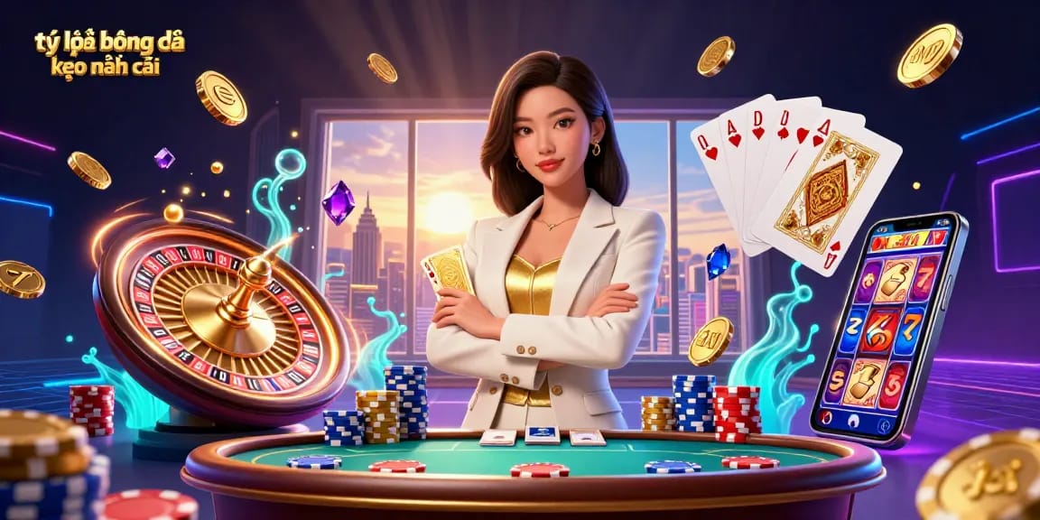 Tỷ lệ bóng đá kèo nhà cái is illustrated through a vibrant scene of a powerful Asian woman with poker elements emphasizing professional gambling.