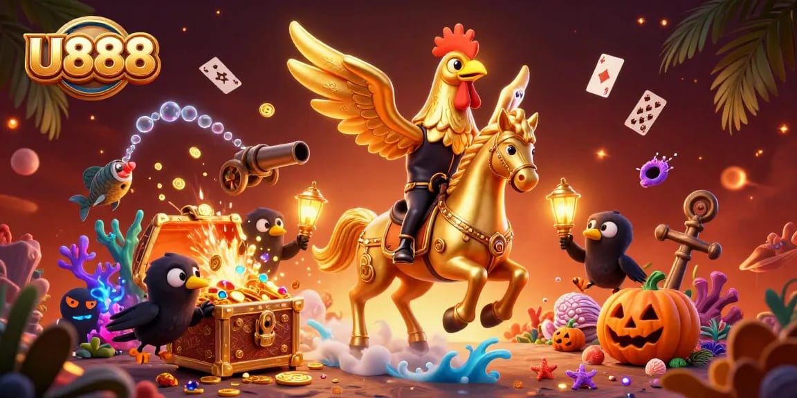 Experience thrilling U888 casino adventures with a golden rooster and vibrant gaming treasures.