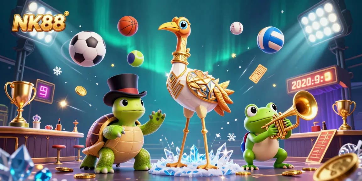Experience NK88's vibrant gaming world with dynamic illustrations of a roaring twenties casino scene.