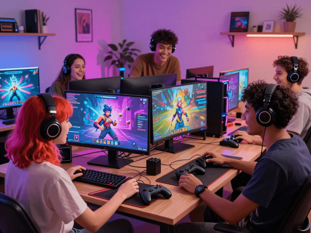 Engaging scene of players exploring various porn games online with colorful characters and accessories.