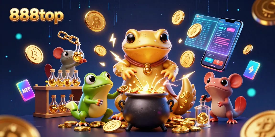 Experience casino magic with 888top: a golden salamander alchemist and frog apprentice amidst gold coins.
