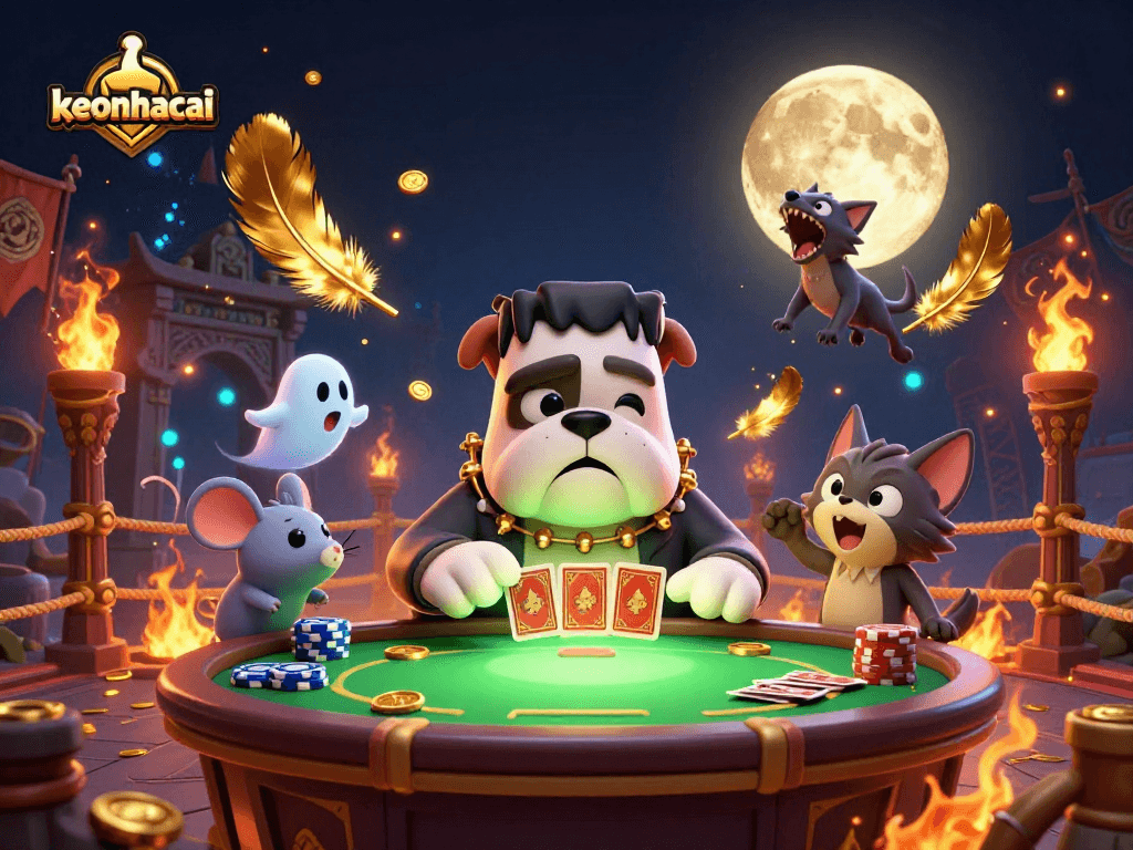 Experience keonhacai action with a cartoon Frankenstein bulldog dealer at a spooky casino table.