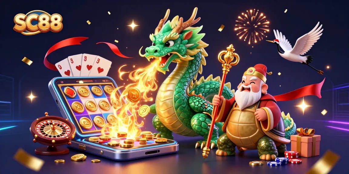 Join the fun at SC88 with a vibrant 3D scene of a jade dragon, turtle sage, and lucky cranes amidst casino elements.
