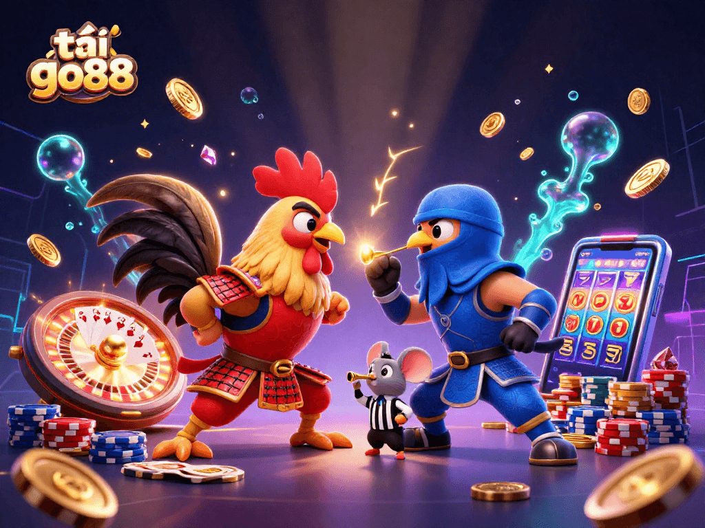 Enjoy the excitement of tải go88 with cartoon roosters battling amidst vibrant casino elements.