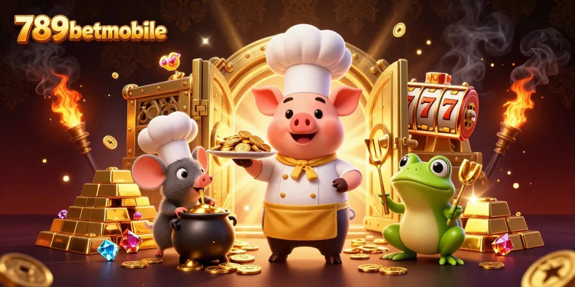 Immerse in the excitement of 789betmobile with vibrant characters serving gold coins in a lavish casino scene.