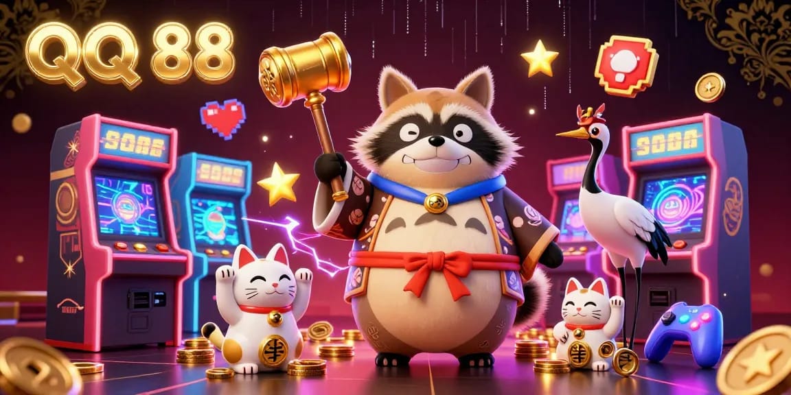 Experience QQ 88's lively gaming world with a cheerful tanuki and vibrant arcade machines.