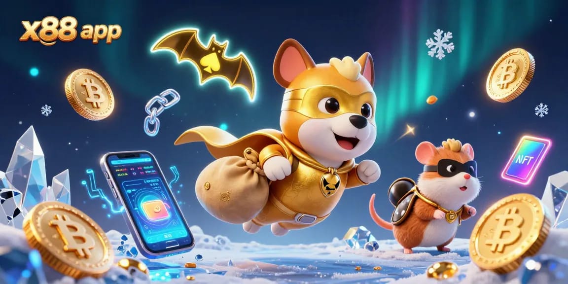 Experience excitement with the x88 app, featuring a thrilling scene of a superhero dog and hamster in a vibrant casino world.