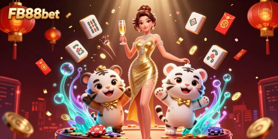 Experience the excitement of FB88bet with glamorous themes and festive elements in this vibrant illustration.