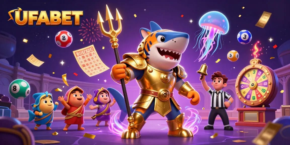 Experience excitement at UFABET with our vibrant gaming scene featuring the tiger shark and lottery elements.