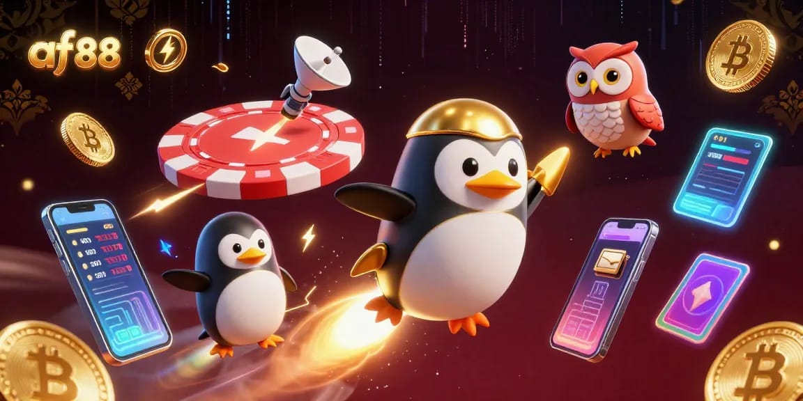Spin and win with af88 as a golden penguin navigates a cosmic casino landscape, showcasing crypto elements.