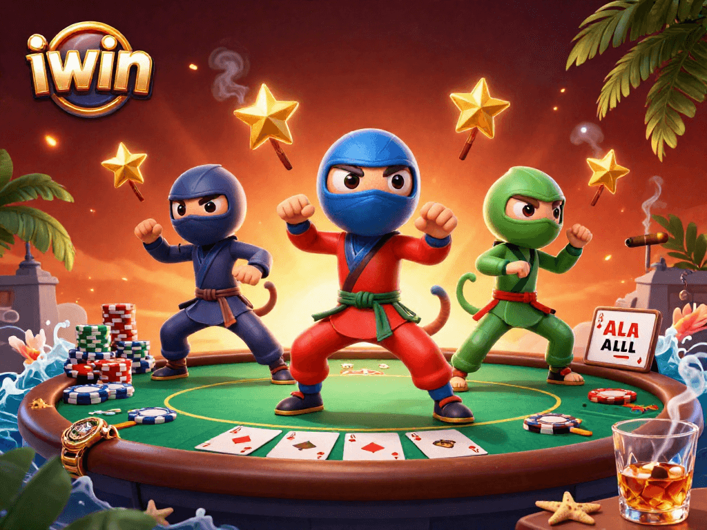 iwin chameleon ninjas showcase poker skills in a vibrant casino-themed battle