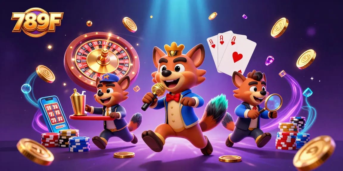 Experience the vibrant energy of 789F's comedy casino with playful hyenas and dynamic game elements.