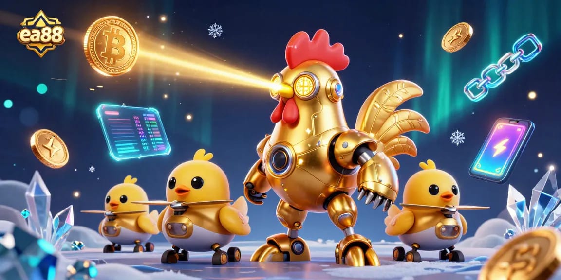 Spin the reels at ea88's incredible slots, featuring futuristic robots and vibrant crypto elements.