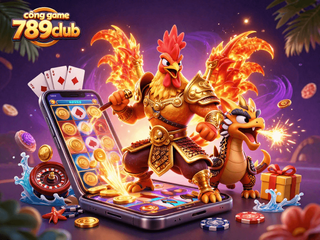 Experience the excitement of cổng game 789club with a vibrant 3D illustration of a fierce rooster warrior alongside a dragon hatchling.
