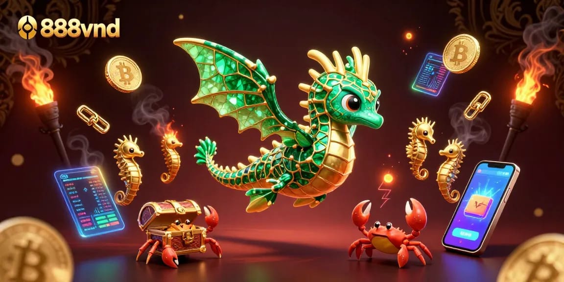Experience thrilling gameplay at 888vnd with emerald sea dragon and crypto coins in a vibrant, dynamic casino scene