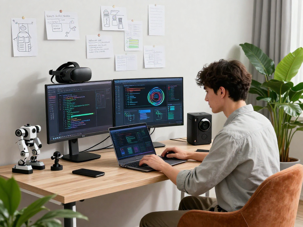 Discover the world of 18+ ai in a modern tech workspace with a young man designing AI models.