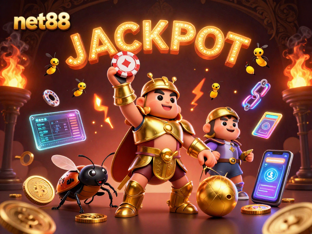 Engage in thrilling gaming action with net88 as a heroic beetle celebrates a jackpot victory.