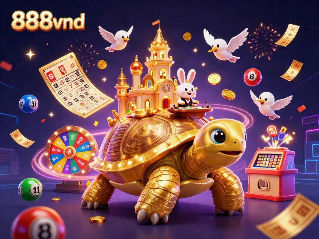 Engage in thrilling experiences on 888vnd with vibrant illustrations of golden tortoise, rabbit dealer, and lottery elements.