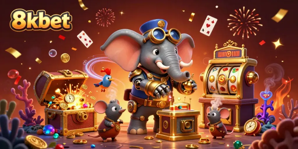 Spin the golden slot machine at 8xbet with colorful gems and gold coins exploding around