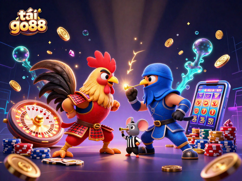 Enjoy the excitement of tải go88 with cartoon roosters battling amidst vibrant casino elements.