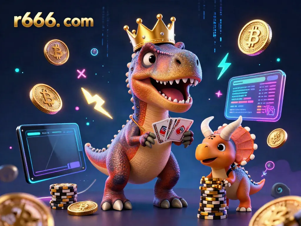 Engage in thrilling gameplay at r666. com with a vibrant casino scene featuring a T-Rex, cards, and gold chips.