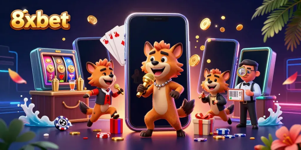 Engage with vibrant 8xbet gaming scene featuring hyenas at a comedy casino club.