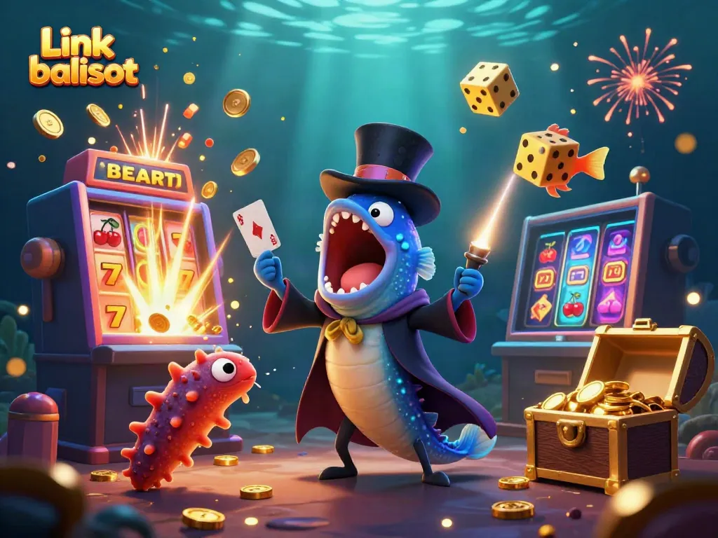 Experience dynamic casino thrills with Link balislot's vibrant underwater magic show illustration.