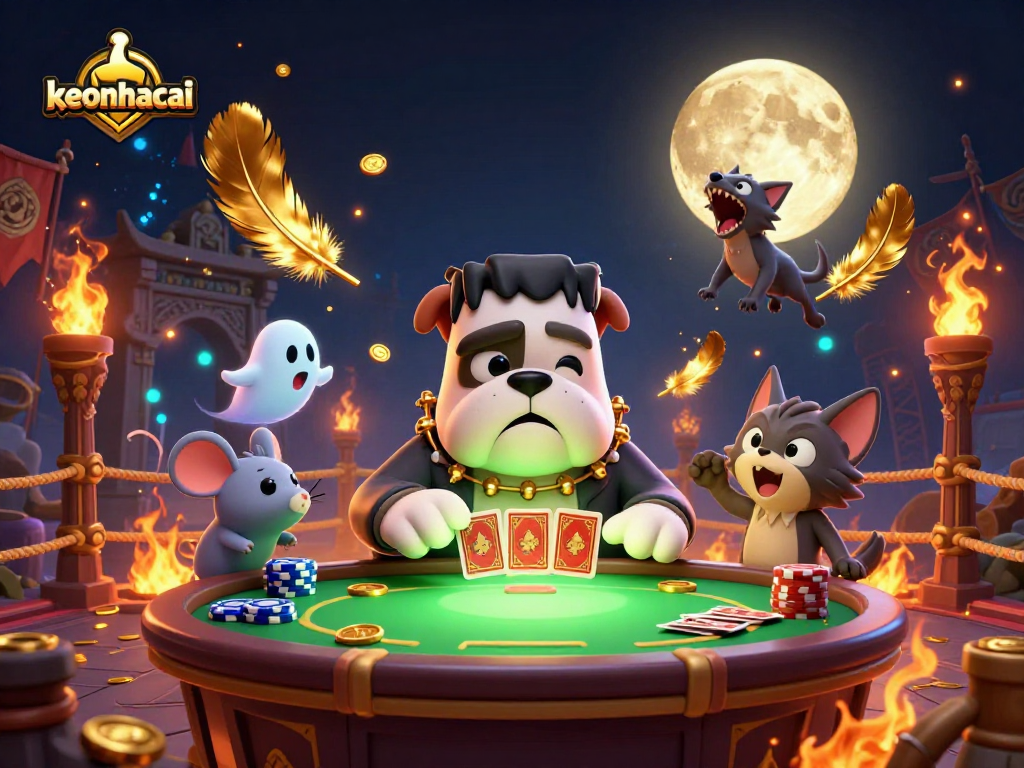 Experience keonhacai action with a cartoon Frankenstein bulldog dealer at a spooky casino table.