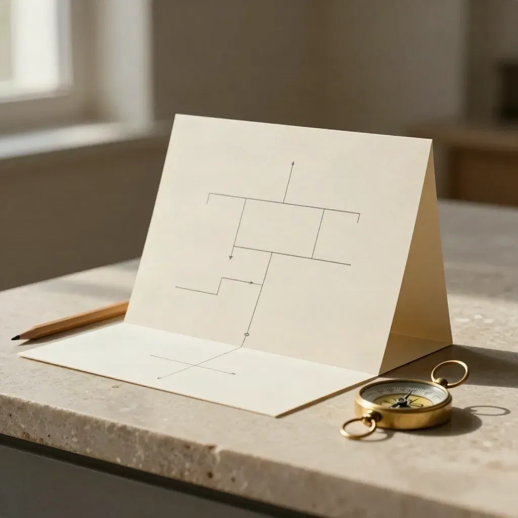 Cream sitemap cards, folded maquette, pencil stub and brass compass on pale stone.