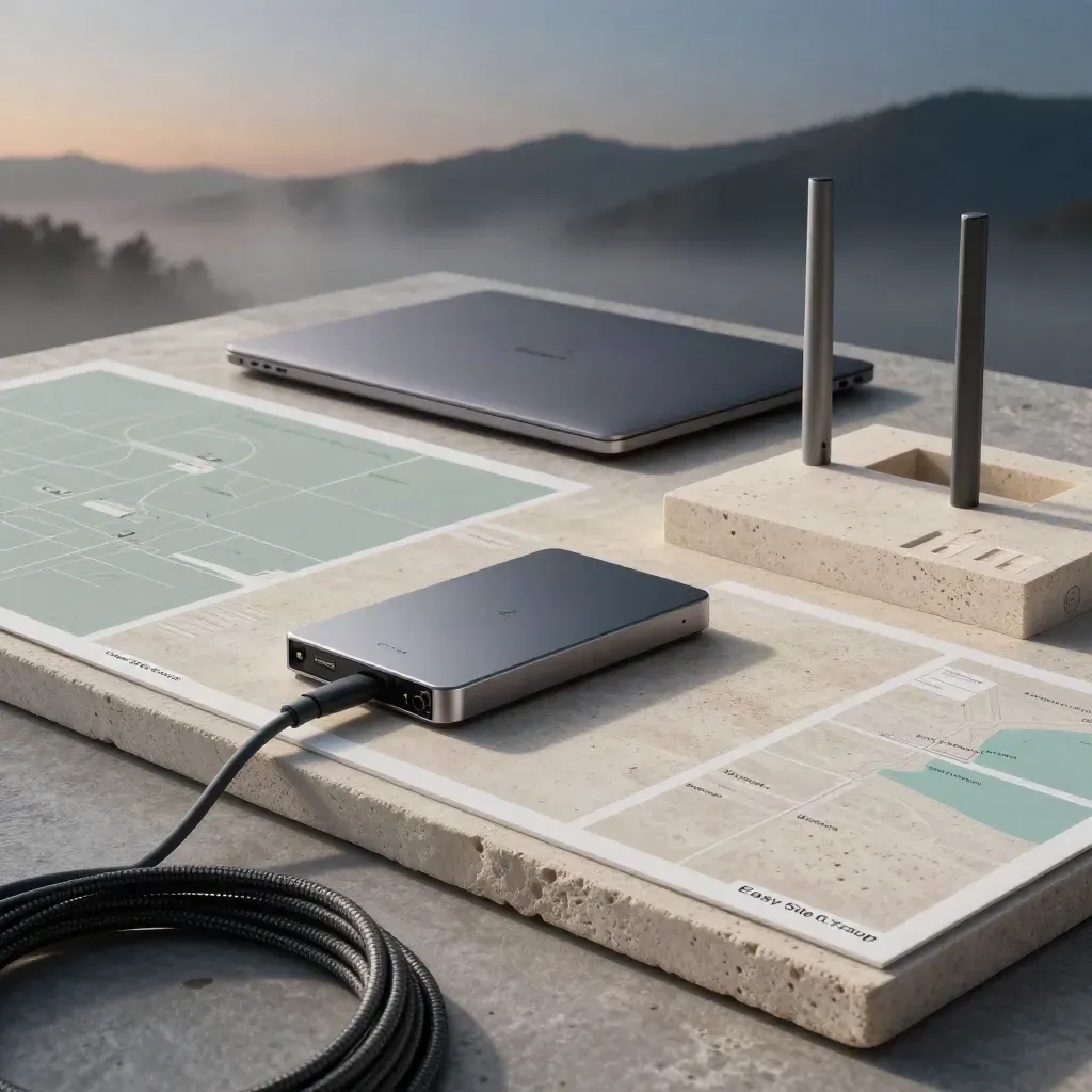 Cinematic macro still life of site-map boards, laptop, router, SSD and cables on pale stone