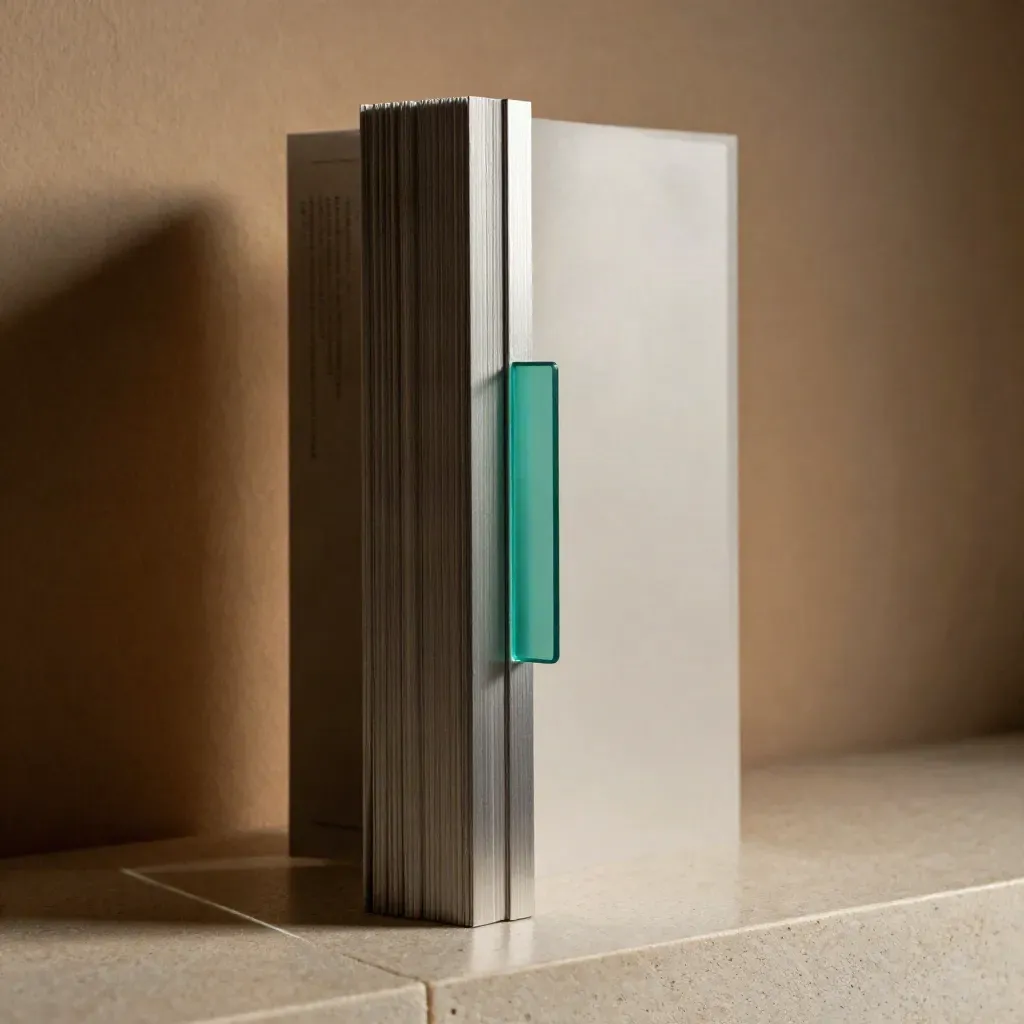 Landing-page module totem with teal acrylic tile on a limestone plinth, lit from upper left