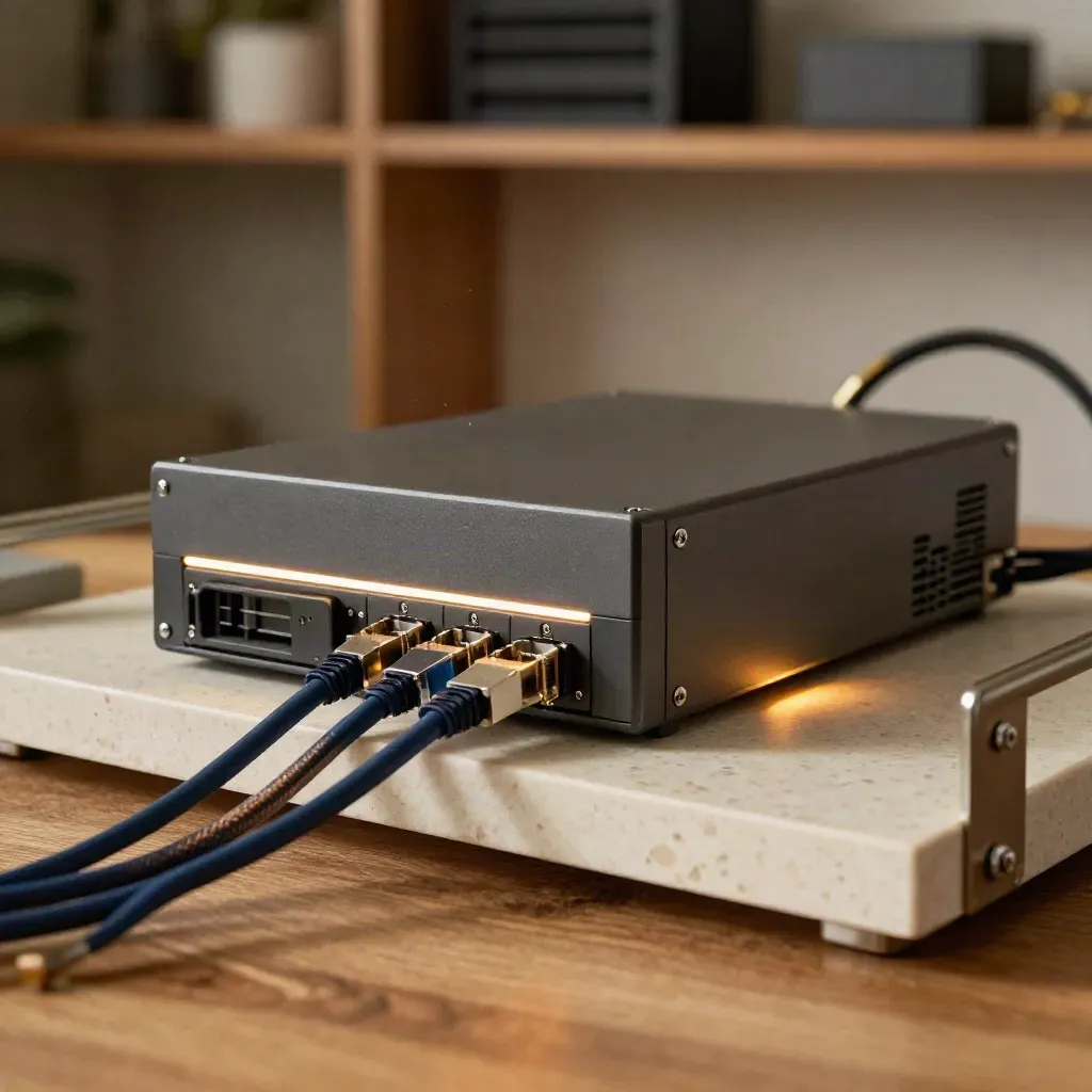 Compact server node and braided cables on a pale shelf, glowing as a WordPress build comes online.