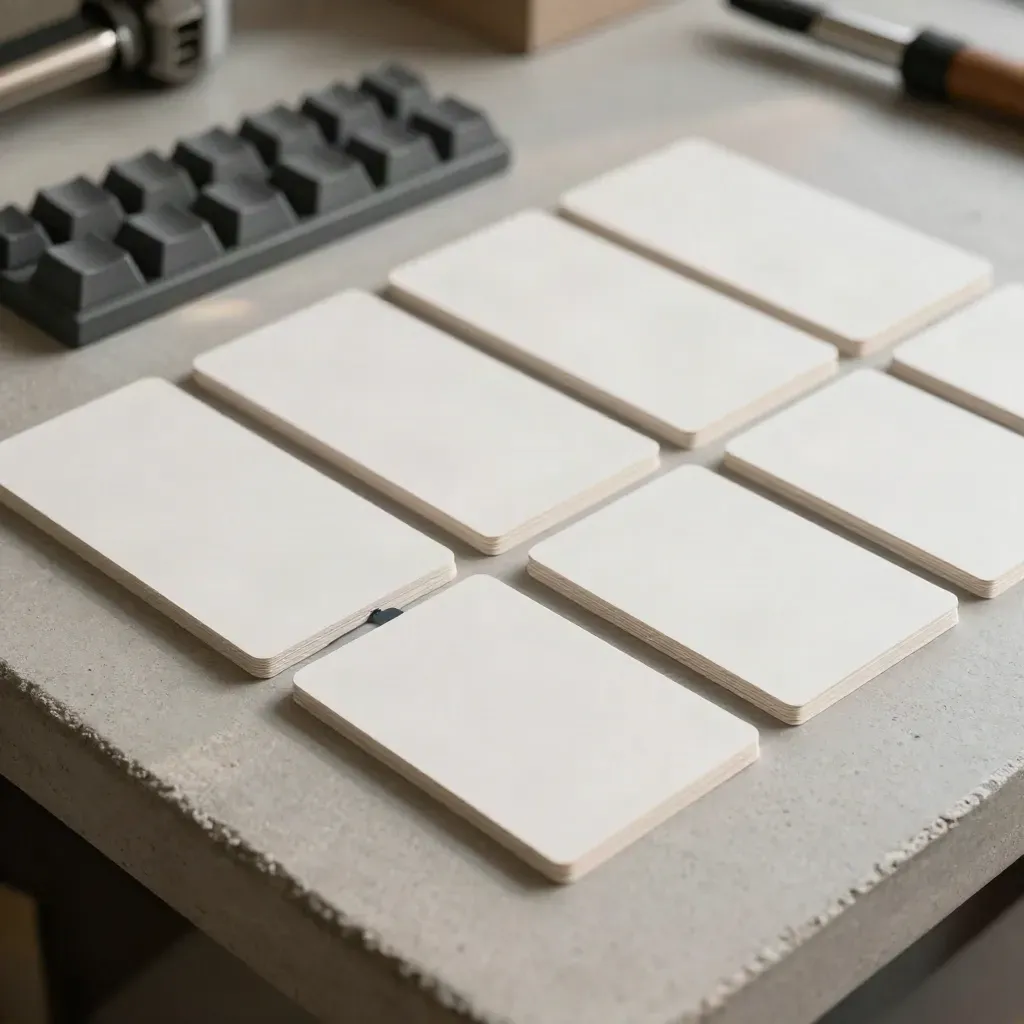 Blank update cards, keycap tray and maintenance drive on pale concrete, top-down editorial still-life.