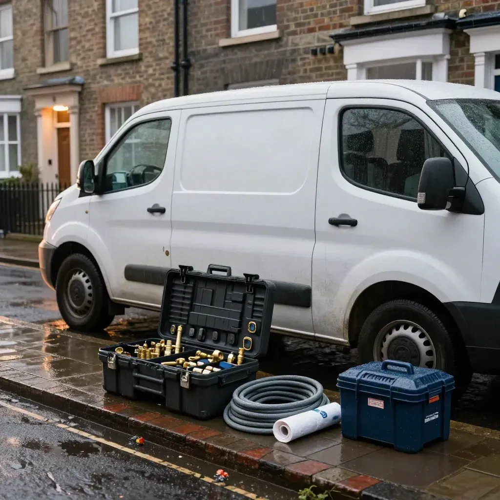 Plumber’s van with tool cases outside a rain-damp terraced house at dusk.