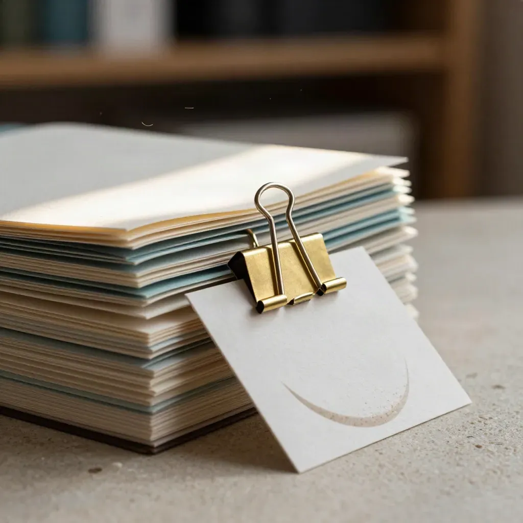 Macro of sorted page-map cards, teal tabs and a brass clip on pale travertine.