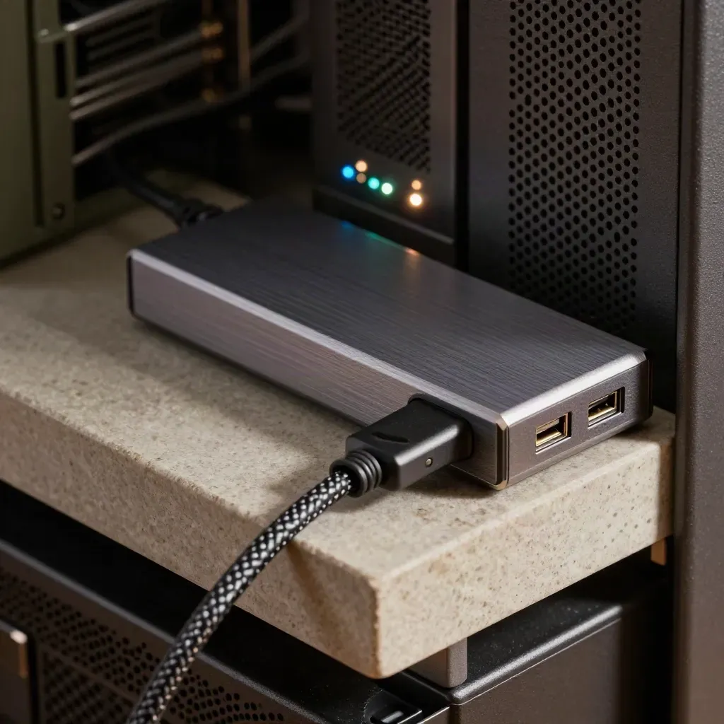 Macro of SSD, braided cable, USB hub and glowing server LEDs on stone.