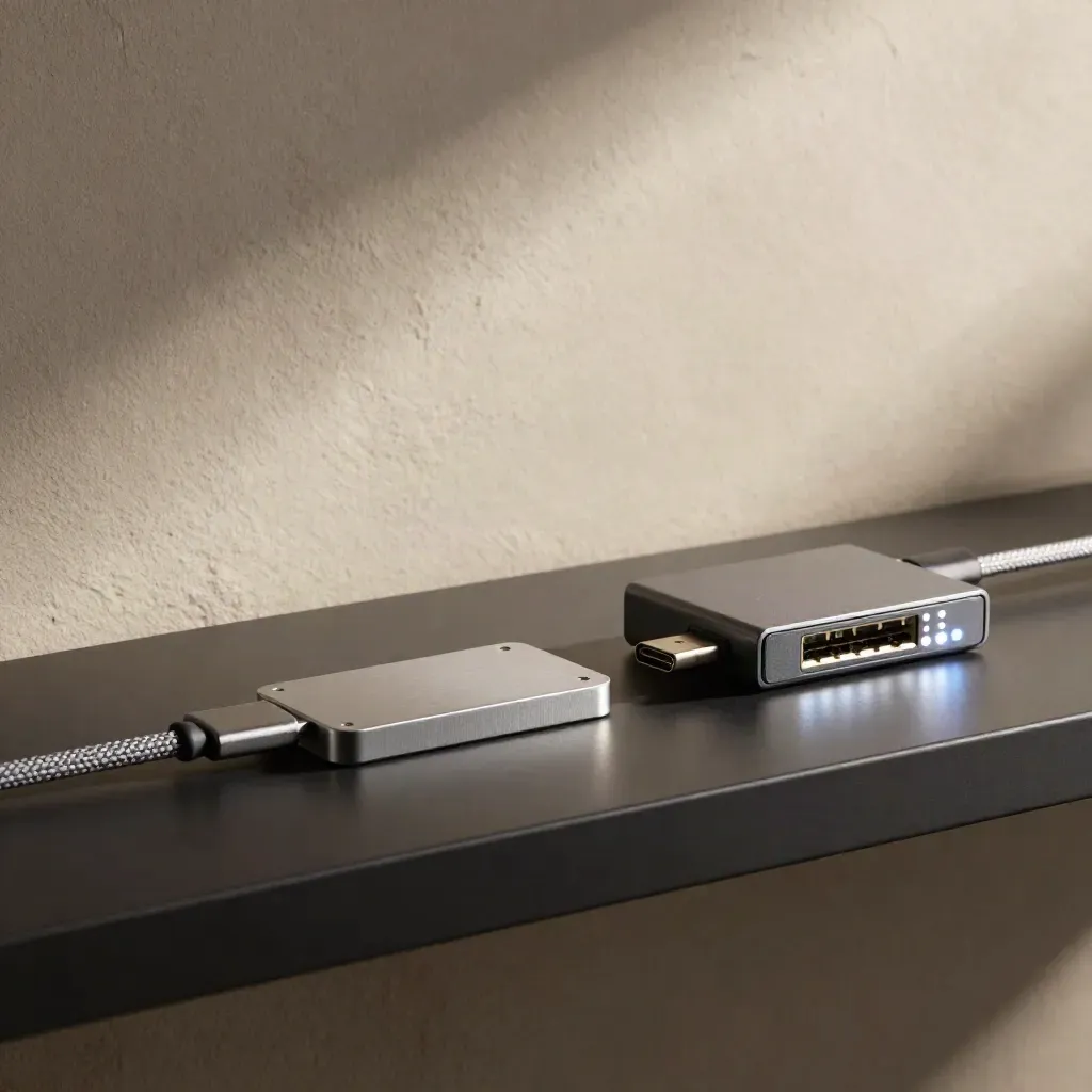 Aluminium SSD, braided USB-C lead and lit network hub on a dark shelf