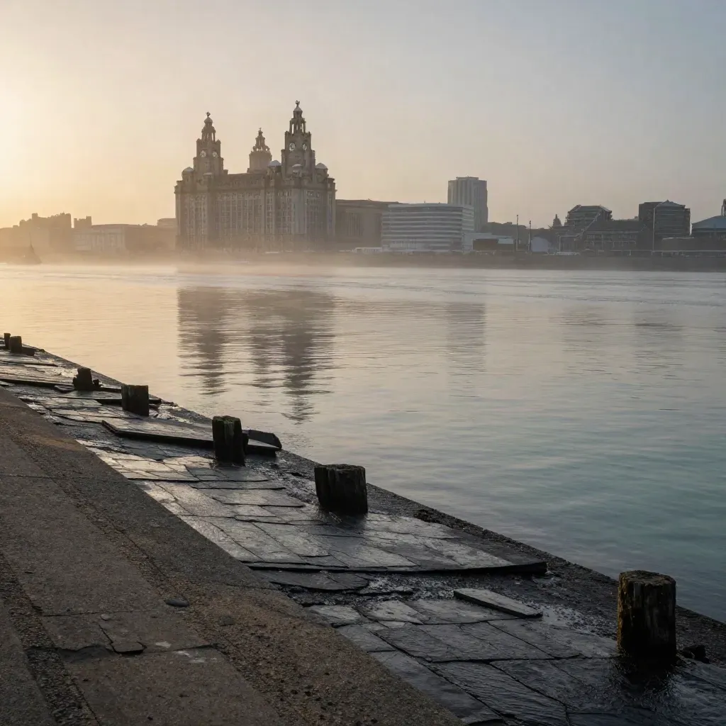 Liverpool waterfront with the Three Graces above a misty Mersey at sunset