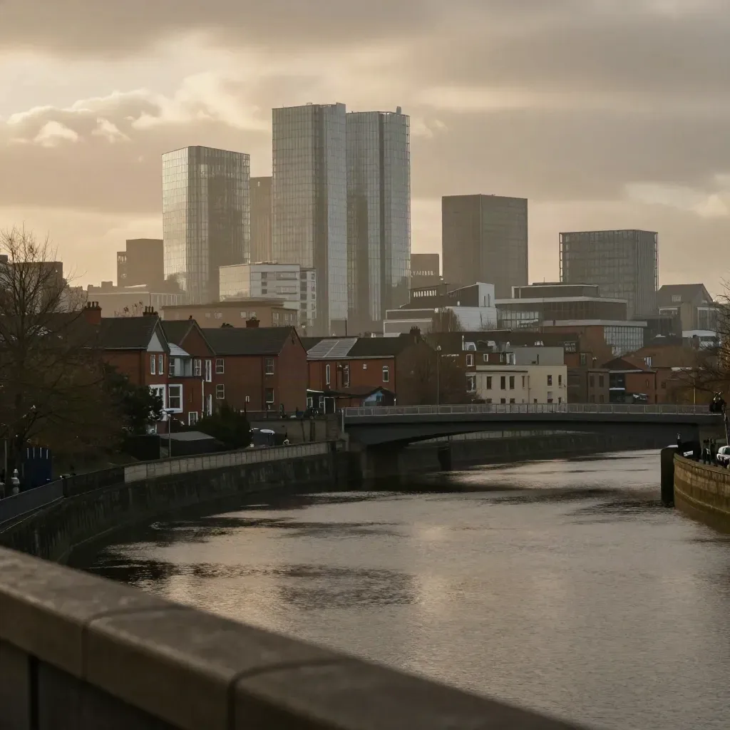 Post-storm Birmingham skyline above misty canal water and brick terraces, wide and calm for copy