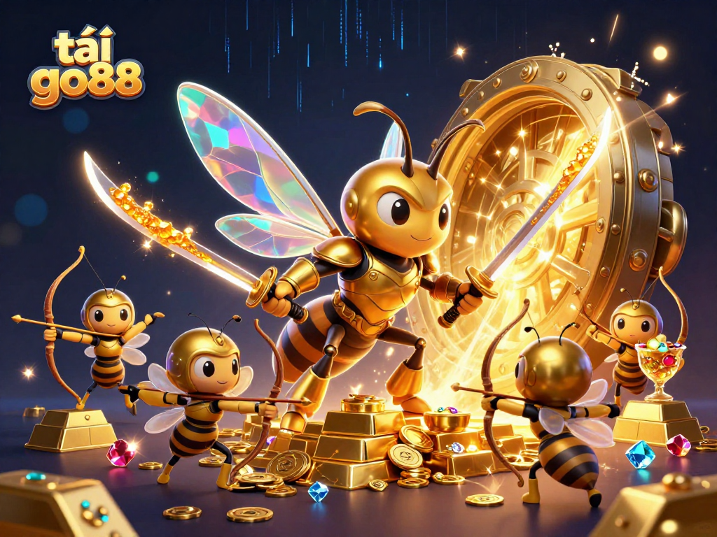 Engage with thrilling gameplay by tải go88, featuring a golden samurai hornet and vibrant casino treasures.