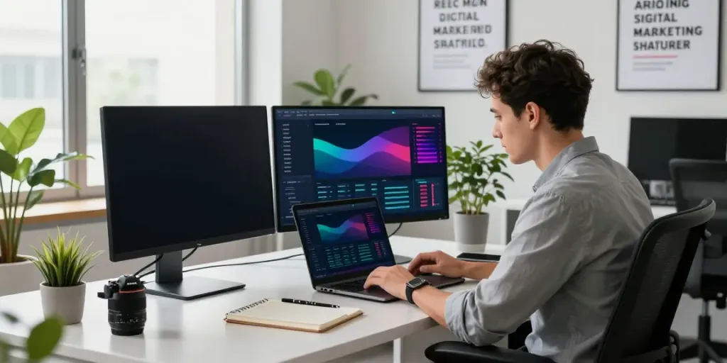 Professional SEO expert using instant indexing tools in a modern workspace