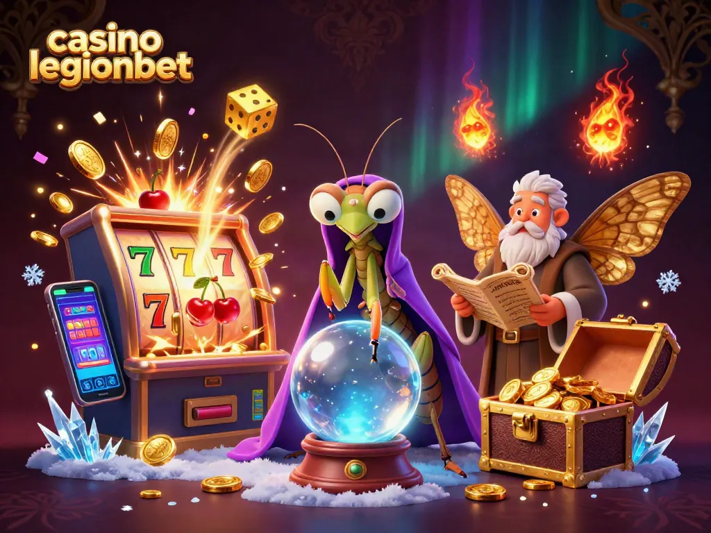 Engage with casino legionbet's vibrant and mystical gaming scene featuring a fortune teller and interactive casino elements.